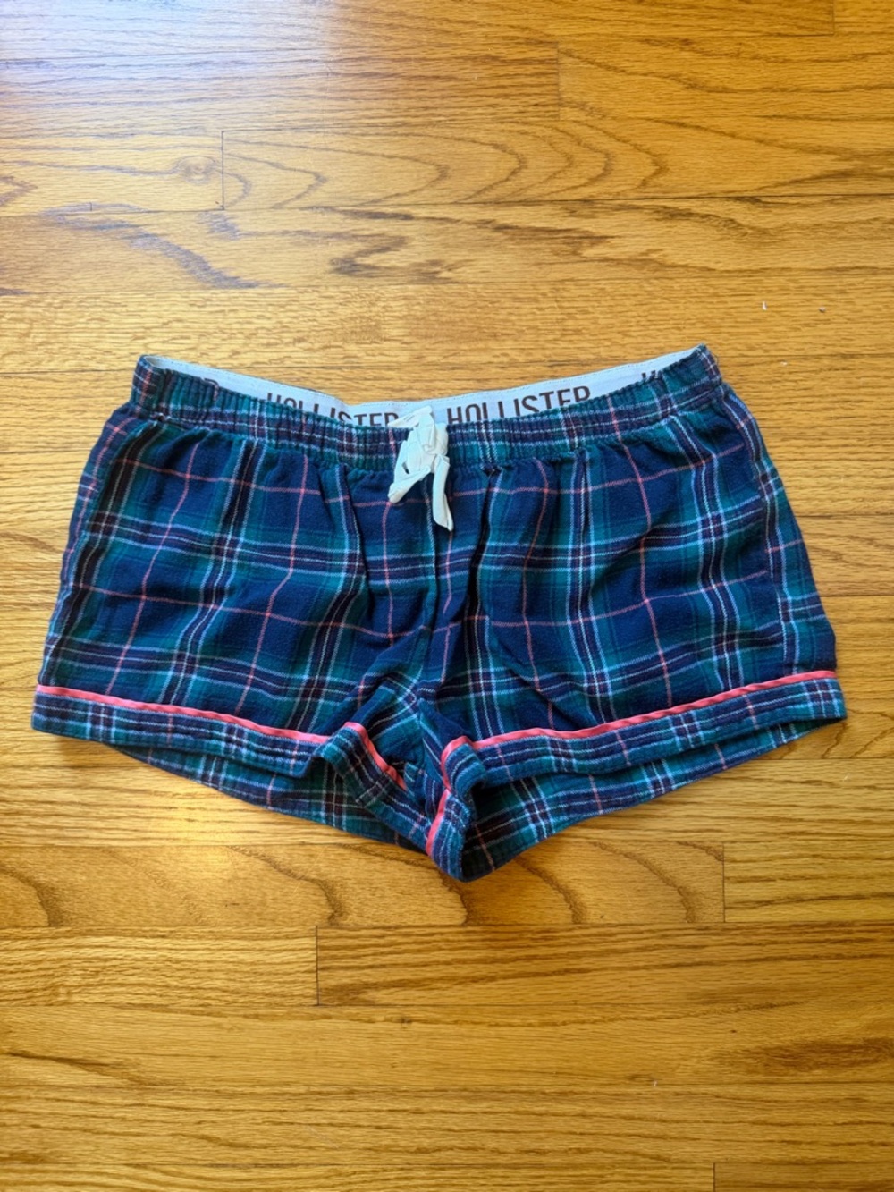 Hollister Dark Blue Plaid Lounge Shorts with Pink Accent
